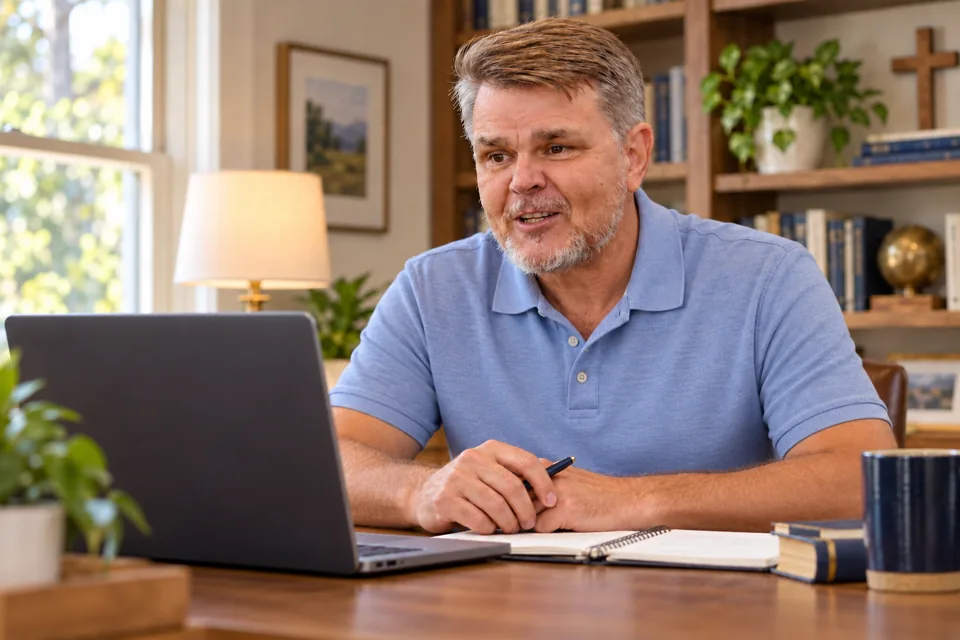 Illustrative scene of TC Megahan in a light blue polo consulting online, with the laptop screen facing him